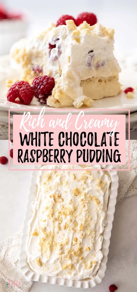 This No Bake Raspberry Pudding is a white chocolate raspberry pudding dessert that is a spin off of magnolia bakery banana pudding. Fresh raspberries, white chocolate pudding, whipped cream, and butter cookies are layered together to make an easy pudding cake that is irresistible. Pudding Packet Recipes, Desserts With Homemade Whipped Cream, Jello White Chocolate Pudding Recipes, Recipes Using Instant White Chocolate Pudding, Raspberry Push Pop Pudding, Light Pudding Desserts, Raspberry Fluff Dessert, White Chocolate Raspberry Trifle, Jello Pudding Desserts Easy