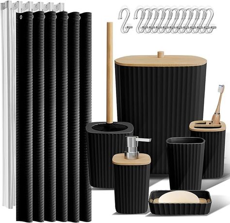 Black Bathroom Accessories Set: Incorporate black bathroom decor with our coordinated bathroom accessory set for bathroom organization. Our black bathroom set with natural bamboo accents create a stylish haven. Black Bathroom Sets, Bamboo Bathroom Accessories, Black Bathroom Accessories Set, Bathroom Vanity Accessories, Black Bathroom Decor, Black Shower Curtains, Toilet Brushes And Holders, Bathroom Accessories Set, Bamboo Bathroom