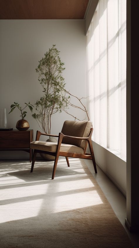 Mid-century minimalist interior incorporating natural materials using vintage film leica camera, natural lighting, carefully selected decor, 9:16 aspect ratio --v 5 --ar 9:16 https://www.leonhoulier.com Japandi Retro Interiors, Japandi Vintage Interior, Japandi And Mid Century, Minimal Mid Century Modern Living Room, Minimal Retro Interior, Mid Century Japanese Interior, Mid Century Minimalist Living Room, Trees In Living Room, Mid Japandi