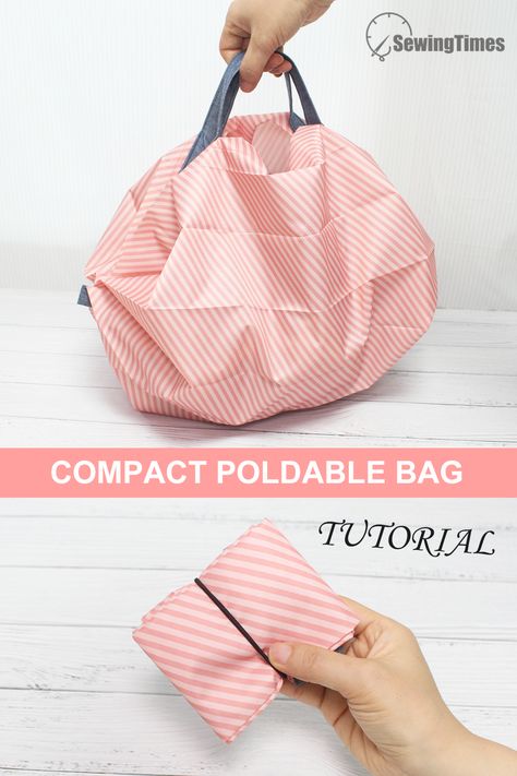 Folded Shopping Bag Pattern, Folding Bags Diy, Sewing Simple Bag, Fold Up Shopping Bag Pattern, Shupatto Bag Diy, Diy Folding Shopping Bag, Folding Bag Pattern, Foldable Grocery Bag Pattern, Foldable Tote Bag Pattern