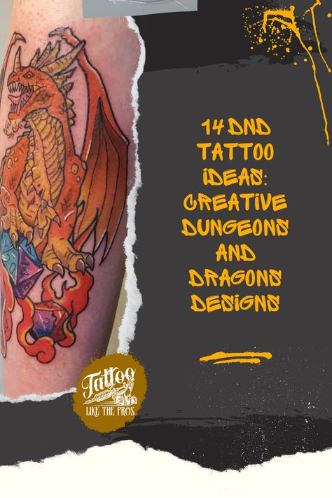 Tattoo design ideas Dnd Dragon Tattoo, Wizard And Dragon Tattoo, Skyrim Dragon Tattoo, Witch Dragon Tattoo, Dungeons And Dragons Dice Tattoo, Dnd Tattoo Ideas, Dungeons And Dragons Tattoo, Dnd Tattoo, Iconic Symbols