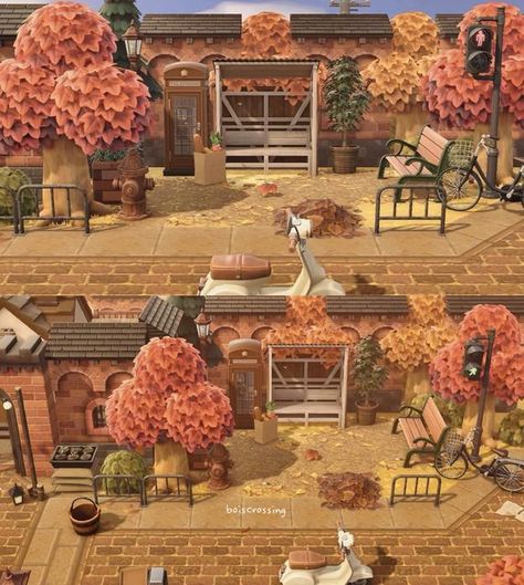 Animal Crossing Alleyway, Acnh Fall Builds, Acnh Citycore Orchard, Animal Crossing Bus Stop, Acnh Autumn Town Entrance, Acnh Bus Stop, Animal Crossing Autumn Town, Acnh Towncore, Autumn Citycore Acnh