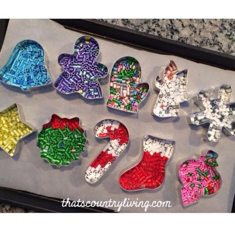 perler bead cookie cutter ornament. just 10 minutes in 400 deg oven. easy fun and fast! Melted Bead Crafts, Christmas Perler Beads, Bead Ornaments, Hama Bead, Christmas Crafts To Make, Kids Projects, Melting Beads, Beaded Christmas Ornaments, Bead Ideas