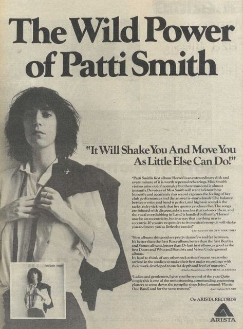 Ad for Patti Smith's "Horses" album. Patti Smith Poster, Pati Smith, Just Kids Patti Smith Aesthetic, Patti Smith 70s, Patti Smith Aesthetic, Just Kids Patti Smith, Patti Smith Book, Patti Smith Robert Mapplethorpe, Patti Smith Horses