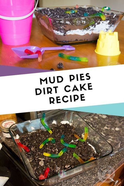 Mud Pies | Dirt Cake Recipe - This kid-friendly recipe is great for Spring and Summer gatherings. Mud Pudding Recipe, Dinosaur Dirt Birthday Cake, Mud Pies Recipe, Halloween Mud Pie, Rocks Dirt And Mud Crafts, Mud Cake Recipes In A Cup, Mud Dessert Recipe, Dirt Cake Dessert, Mud Pie Cake