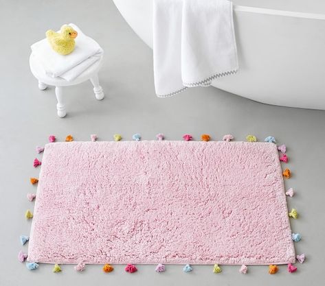 Pink Bath Mat, Dorm Stuff, Cute Bath Mats, Kids Shower Curtain, College House, Pink Baths, Girls Bathroom, Striped Towels, Towel Collection