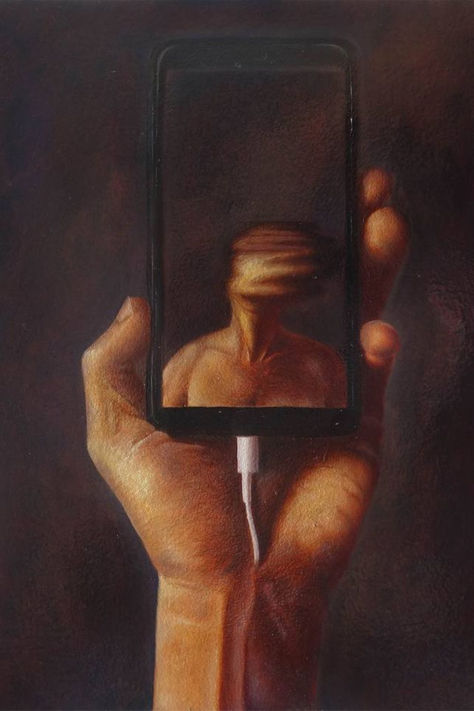 A rich-toned surreal artwork of a person holding their phone. A blurred face is seen reflected in the front-facing camera. Cheating Painting, Satire Art, Waiting Painting, Playlist Art, Baroque Artworks, Art Contrast, Low Key Lighting, Men Painting, Moody Painting