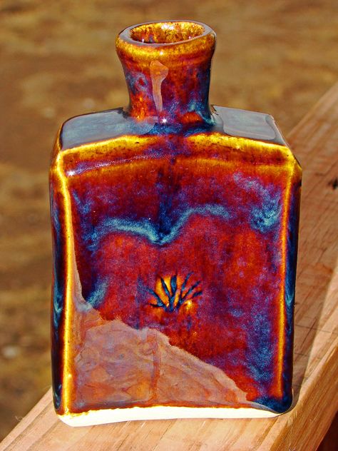 Flask inspired by Shoji Hamada and Bernard Leach. Glazes are Laguna's Turkish Amber under Amaco's Iron Lustre. Turkish Amber Glaze Combinations, Glazing Inspiration, Ceramic Lessons, Glaze Inspiration, Bernard Leach, Ceramic Flask, Shoji Hamada, Glaze Layering, Stoneware Glazes