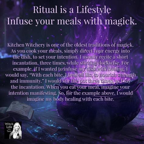 Day 17 Witch Life Tip is to infuse your meals with magick. As a born and raised green or kitchen witch, I learned how to project intentions into the food I cooked at a very young age. Throughout the ages, kitchen witches have used their craft to make suitors fall in love with them, to protect themselves, and even to curse enemies. It's very simple to infuse your meals with intention. Just follow the directions in the photo above. Not cooking your meal? That's okay. Build up the energy in your... Food Spells, Kitchen Witches, Witch Life, Craft To Make, Making Food, Kitchen Witchery, Cleanse Recipes, Kitchen Witch, Crafts To Make