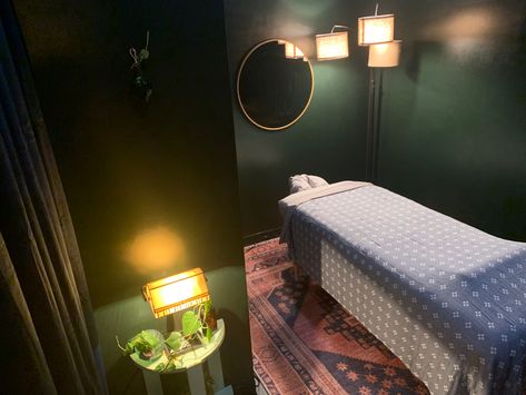 Dark Green Spa Room, Dark Green Esthetician Room, Moody Massage Room, Green Spa Room, Green Massage Room, Dark Massage Room, Dark Esthetician Room, Sherwin Williams Jasper, Home Massage Room