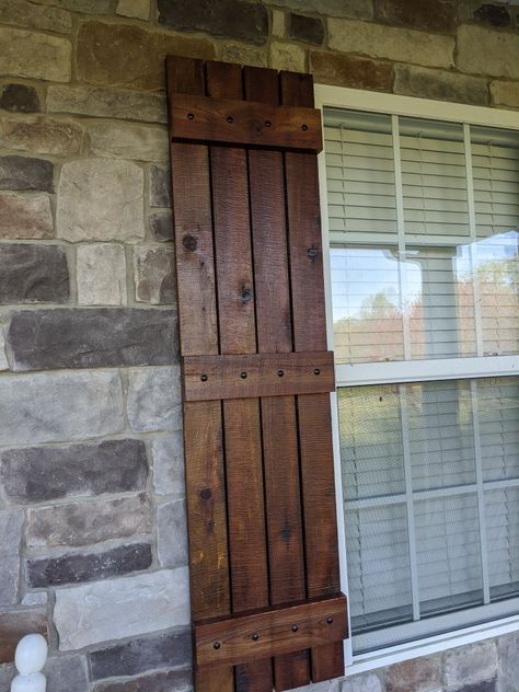 Rustic Wood Shutters, Large Window Shutters Exterior, Walnut Shutters Exterior, Barnwood Shutters Exterior, Wooden Window Shutters Exterior, Wood Shutters On White House, Homemade Shutters Outdoor, Early American Stain On Cedar, Wood Shutters On Brick House