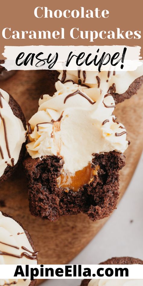 Chocolate Cupcakes With Caramel Filling, Carmel Filled Cupcakes Recipe, Caramel Stuffed Cupcakes, Gooey Salted Caramel Cupcakes, Caramel Filled Chocolate Cupcakes, Chocolate And Caramel Cupcakes, Chocolate Lovers Cupcakes, Chocolate Cupcake Filling Ideas, Caramel Filled Cupcakes