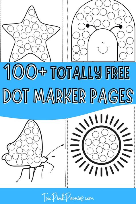 text that says 100+ totally free dot marker pages below and above are images of mock ups of the pages Dot Art Preschool, Free Prek Activities, Dot Art Patterns Free Printable, Polka Dot Activities, Preschool Dot Art, Dabber Worksheets Free, Color Dot Activities, Do A Dot Art Ideas, Dot Painting For Preschoolers