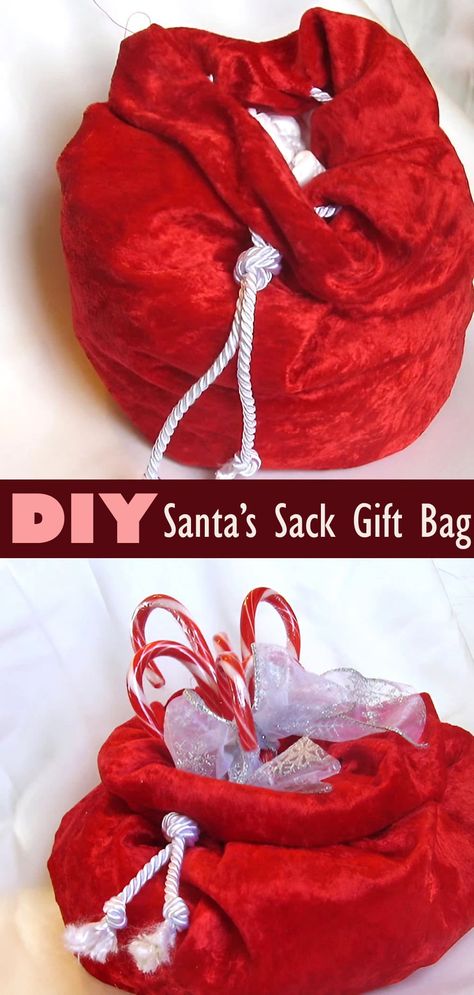 DIY Santa’s Sack Gift Bag Santa Sacks Diy, Diy Santa Hat, Dollar Store Gifts, Santa Claus Toys, November Crafts, Santa Pillow, Plastic Gift Bags, Crafts Diy Projects, Diy Santa