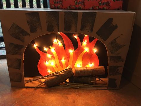 Cardboard Fireplace Christmas, Faux Foyer, Santa Grotto, Grotto Ideas, Castle Vbs, Santa's Grotto, Harry Potter Movie Night, Cardboard Fireplace, Christmas Lesson