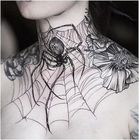 Fine lined spider and spider web on the neck and collarbone | www.otziapp.com Spiderweb Tattoo, Tattoos Feminine, Arabic Tattoos, Tattoo On Neck, Gotik Tattoo, Tattoos Dragon, Bodysuit Tattoos, Tattooed Models, Tattoos Back