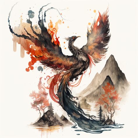 Phoenix Tattoo Fire, Crane Bird Drawing, Watercolor Phoenix Tattoo, Tattoo Fire, Tattoo Crane, Drawing Japanese, Japanese Phoenix Tattoo, Rising Phoenix Tattoo, Phoenix Painting