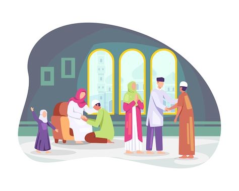 Muslim people celebrating eid al fitr. s... | Premium Vector #Freepik #vector #muslim-family #ramadan-family #islamic-people #ramadan-fasting Muslim Cartoon, Family Sketch, People Celebrating, Muslim Festivals, Eid Card, Shaking Hands, Ramadan Lantern, Kids Illustration, Islamic Cartoon