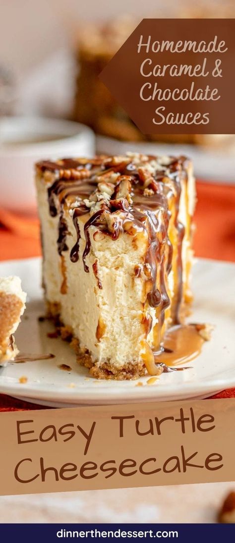 Turtle Cheesecake is a decadent creamy cheesecake recipe layered with homemade chocolate ganache, caramel sauce and chopped pecans! Turtle Topping For Cheesecake, Philadelphia Oreo Cheesecake, Cheesecake With Caramel Topping, Chocolate Caramel Pecan Cheesecake, Easy Baked Cheesecake Recipes Simple, No Bake Caramel Pecan Cheesecake, Mini Turtle Cheesecake Recipe, Chocolate Caramel Cheesecake Recipe, Decadent Cheesecake Recipes