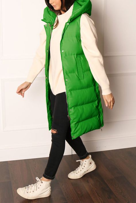 puffer gilets are the next big trend so stay on trend in our Green Longline Hooded Puffer Gilet, pair with a hoodie , jeans and some chunky boots for the perfec Bright Green Puffer Jacket Outfit, Green Puffer Vest Outfit, Green Puffer Jacket Outfit, Green Vest Outfit, Green Puffer Vest, Puffer Vest Outfit, Green Puffer Jacket, Puffer Jacket Outfit, Rain Coats