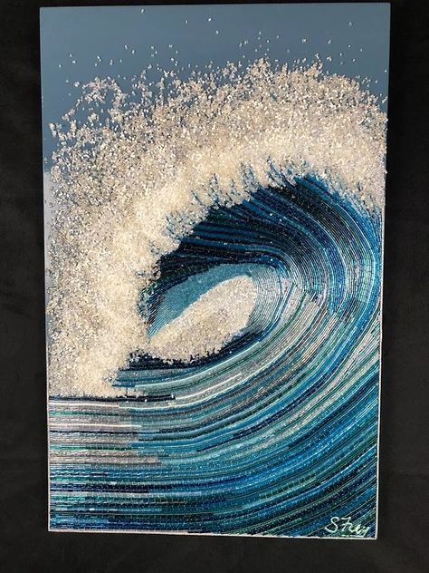 Canvas Bead Art, Mosaic Art Drawing, Bead Art On Canvas, Wave Mosaic, Wave Embroidery, Art Coquillage, Coastal Elegance, Mosaic Artwork, Rhinestone Art