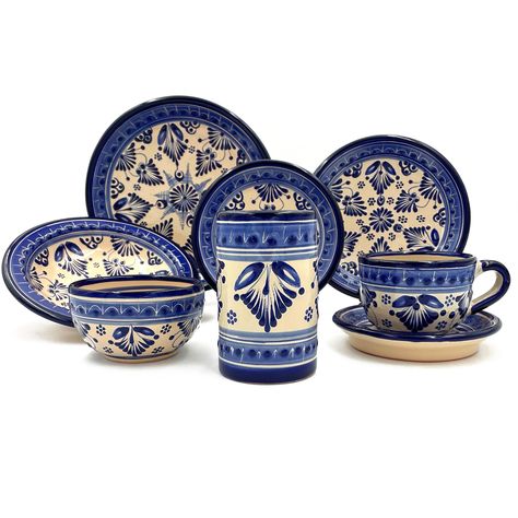 "Complete set made for 1 person. Bring the Beauty of Mexican culture into your home! You get to choose how many place settings you want! A set for two? A set for 3? a Set for 6? anything is possible! The set includes: 1 Cup   (Height 5.31\"/ Diameter 3.14\") 1 Mug   (Height 2.95\"/ Diameter 4.17\") 1 Bowl   (Height 3.0\"/ Diameter 4.9\") 1 Soup bowl   (Height 1.8\"/ Diameter 8.5\") 1 Large Plate  (Height 1.5\"/ Diameter 10.43\") 1 Medium Plate   (Height 1.1\"/ Diameter 8.46\") 1 Small Plate   (H Talavera Dinnerware, Talavera Design, Mexican Traditions, Talavera Pottery, Mexican Talavera, Talavera Tiles, Small Plate, Mexican Pottery, Large Plates