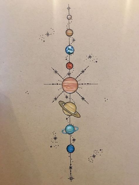 Planet Tattoo, Spinal Tattoo, Solar System Tattoo, Planet Tattoos, Galaxy Tattoo, Space Drawings, Space Tattoo, Spine Tattoo, Dope Art