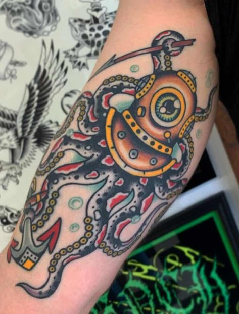 American Traditional Octopus Tattoos Explained Underwater Traditional Tattoo, Squid Traditional Tattoo, Kraken Traditional Tattoo, American Traditional Squid Tattoo, American Traditional Octopus Tattoo, American Traditional Nautical Tattoo, American Traditional Octopus, Nautical Traditional Tattoo, Traditional Turtle Tattoo