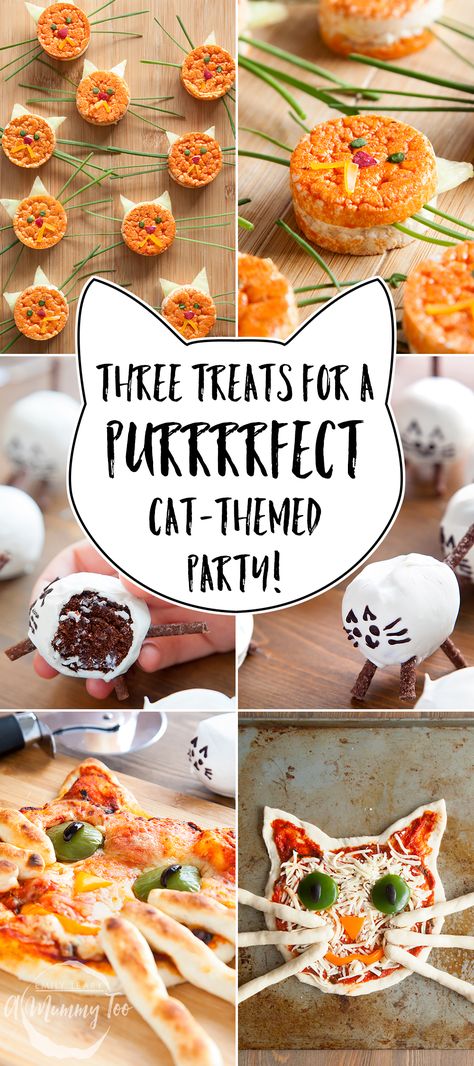 Throw a cat-themed party, with food as cute as it is delicious. The treats include a smiling cat pizza with breadstick whiskers, adorable kitty rice cakes, and wonderful little chocolate kitty cake pops to finish. Kitty Cake Pops, Cat Themed Party, Cat Pizza, Cat Themed Parties, Cat Themed Birthday Party, Kitten Party, Kitten Birthday, Kitty Cake, Pizza Cat