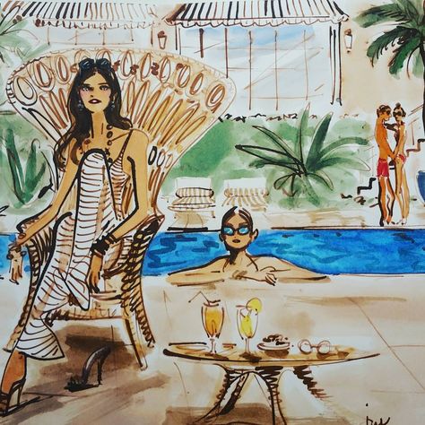 Wish I was there, right now! In the meantime on the paper..... #springbreak #lazyday #pool #lavish #beauties #beachwear #izaksmuse… Izak Zenou Illustrations, Poolside Illustration, Henri Bendel Illustration, Izak Zenou, Girly Graphics, Wish I Was There, Style Guru, Have A Great Weekend, Fashion Figures