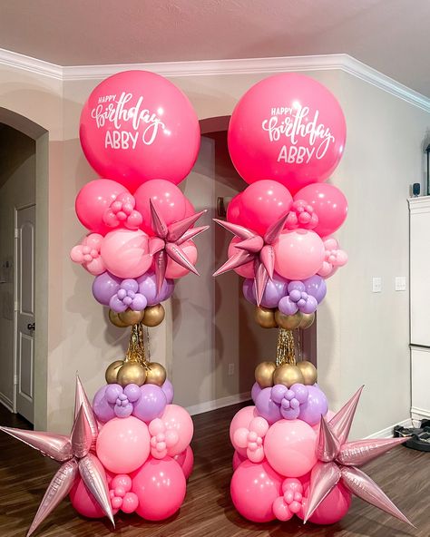 Poppin PINK Crazy Towers 💕💥 • • • #poppin #balloondelivery #crazytower #balloontower #balloons #balloonarch #aggieland #aggies… | Instagram Sleepover Balloon Ideas, Crazy Balloon Columns, Barbie Balloon Columns, 4 Color Balloon Column, Donut Balloon Arch, Princess Balloon Columns, Balloon Chain Diy, Balloon Tower Ideas, Balloon Columns Diy