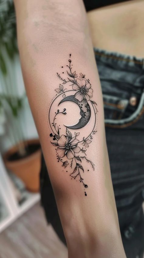 25 Spiritual Tattoos With Meaning For Women In 2024 Nautical Moon Tattoo, Surrender Tattoos For Women, Independent Tattoos For Women, Mystical Flower Tattoo, Sakura Moon Tattoo, Lower Back Moon Tattoo, Womens Arm Tattoo Ideas Unique, Feminine Women With Tattoos, Small Protection Tattoos For Women