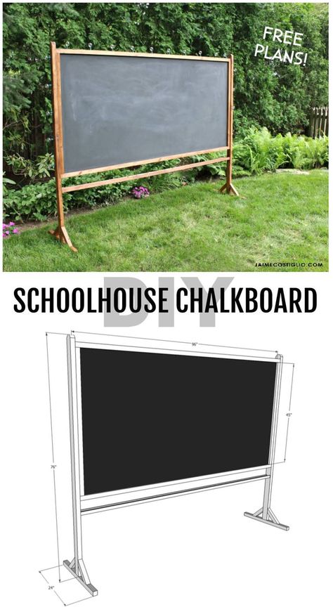 A DIY tutorial to build a schoolhouse chalkboard.  Make a self standing schoolhouse style chalkboard using my free plans.  Great for play and party decor. #chaklboard #partydecor #playroom #freeplans Schoolhouse Chalkboard, Outdoor Chalkboard, Schoolhouse Style, Silver Home Accessories, Chalkboard Stand, Diy School, Diy Home Accessories, Free Standing Wall, Diy Chalkboard