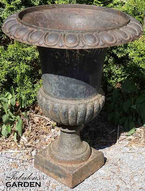 Cast Iron Kettle Decorating Ideas, Restore Cast Iron, Outdoor Urns, Cast Iron Kettle, Antique Urn, Flower Urn, Cast Iron Cleaning, Goth Garden, Iron Planters