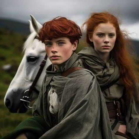 "In a medieval realm, a pair of fiery-haired, fair-skinned twins, brother and sister, don green attire, their gray eyes reflecting the mysteries of their time." Fantasy Twins Brother And Sister Art, Red Head Twins, Red Haired Twins, Identical Twins Character Art, Fantasy Brother And Sister, Redhead Twins, Fantasy Twins Brother And Sister, Twin Aesthetic Brother And Sister, Blonde Twins