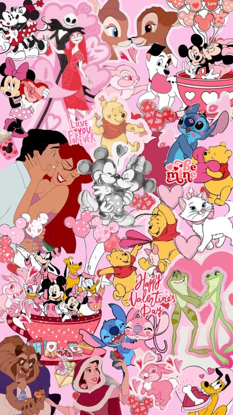 #disneywallpaper #valentinesday #valentineswallpaper Disney Characters Wallpaper, Kawaii Disney, Disney Valentines, Disney Background, Disney Collage, Disney Phone Wallpaper, Disney Images, Mickey Mouse Wallpaper, Valentines Wallpaper