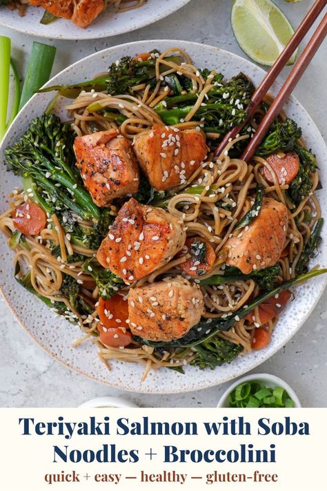 Crispy chunks on plate with salmon with soba noodles, broccoli, carrot and chopsticks. Broccolini And Carrots, Soba Noodle Recipe Healthy, Salmon And Noodles, Healthy Soba Noodles, Soba Recipe, Salmon Noodles, Broccolini Recipe, Soba Noodles Recipe, Noodle Dinner