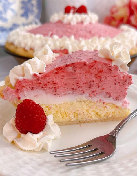 Raspberry Cream Pie | Norine's Nest Raspberry Desserts Cake, Raspberry Cream Pie, Custard Pies, Raspberry Cream Pies, Homemade Crust, Cheesecake Layer, Raspberry Desserts, Raspberry Pie, Raspberry Cream