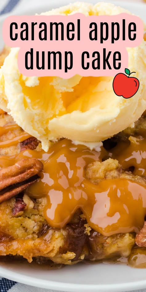 close up of caramel apple dump cake Cherry Pineapple Dump Cake, Peach Cobbler Dump Cake, Apple Dump Cake, Caramel Apple Dump Cake, Homemade Apple Pie Filling, Canned Apple Pie Filling, Apple Dump Cakes, Caramel Apple Pie, Plain Chicken