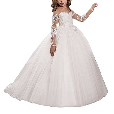 Carat Lace Embroidery Sheer Long Sleeves Kids Trailing Gowns (Size 2, B-Ivory) Lace Embroidery, Flower Girl Dress, First Communion, Girl Dress, Flower Girl, Long Sleeves, Embroidery, Lace, Dresses