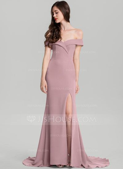 Sheath/Column Off-the-Shoulder Sweep Train Stretch Crepe Wedding Dress (002235607) - JJ's House Birthday Dress Girls Kids, Neoprene Gown, Dress Girls Kids, Satin Evening Dress, Neoprene Dress, Crepe Wedding Dress, Sage Dress, Satin Evening Dresses, Satin Prom Dress