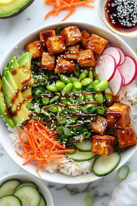 Vegan Poke Bowl - The Daily Dish Healthy Food Bowls Aesthetic, Vegan Asian Bowl, Vegan Glow Bowl, Mexi Bowl Recipes, Build Your Own Poke Bowl, Salad Bowls Recipes, Poke Bowl Vegetarian, Hawaii Poke Bowl, Poke Bowl Menu