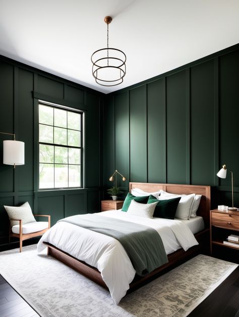 Dark Green Bedrooms, Cozy Bedroom Inspirations, Hunter Green Bedrooms, Dark Green Rooms, Dark Wood Bedroom, Green Bedroom Walls, Green Accent Walls, Dark Green Walls, Accent Wall Bedroom