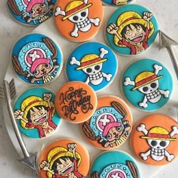 custom-cookies-asian-cartoon-toronto Oishiii One Piece Cookies, Anime Desserts, Asian Cartoon, Dragonball Z Cake, Bf Birthday, One Piece Party, Anime Cookies, One Piece Birthdays, Custom Sugar Cookies