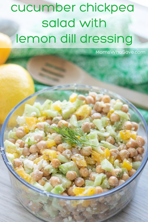 Salads With Chickpeas, Dill Chickpea Salad, Cucumber Chickpea Salad, Lemon Dill Dressing, Salads Vegetarian, Chickpeas Salad, Salad With Dill, Eat More Veggies, Dill Dressing