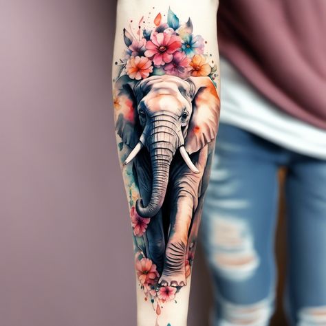 Elephants In Love Tattoo, Elephant Tattoos Color, Addison Tattoo, Elephant Sleeve Tattoos For Women, Elephant Sleeve Tattoo, Olivia Tattoo, Colorful Elephant Tattoo, Baby Elephant Tattoo, Mandala Elephant Tattoo