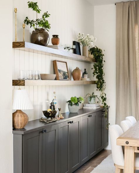 ATX Interior Design | Favorite angles of our Oak Haven dining room! One of our favorite parts of projects is styling at the end, and these open shelves were... | Instagram Shelving For Dining Room Wall, Shelving For Dining Room, Vertical Wall Shelves, Built In Kitchen Desk With Floating Shelves, Kitchen Sideboard With Shelves Above, Dining Shelf Ideas, Table Built Into Wall, Kitchen Wall Built Ins, Dining Room Vertical Shiplap