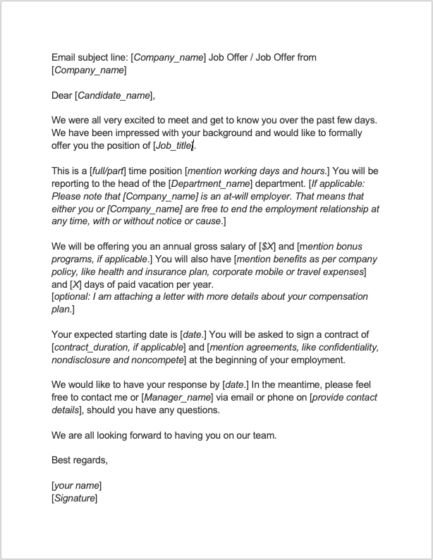 8 job offer letter templates for every circumstance (Plus Tips) | Workable Job Offer Letter, Offer Letter, Write An Email, Acceptance Letter, Email Subject Lines, List Of Jobs, Reference Letter, Letter Example, Thank You Letter