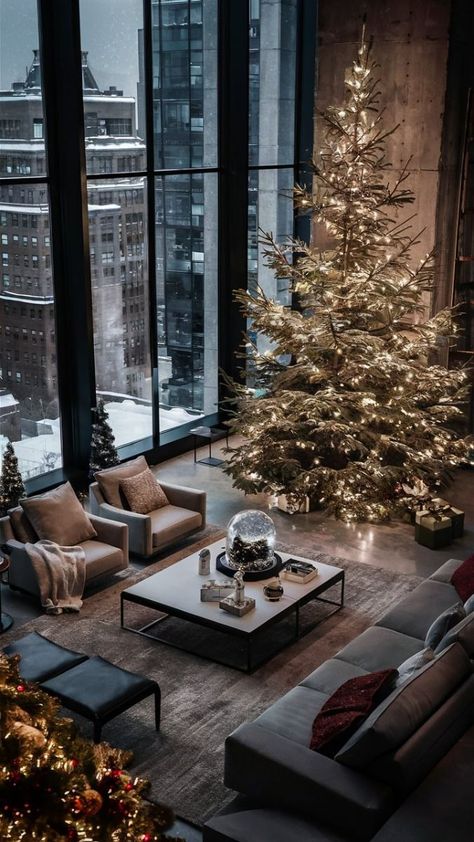 New York Apartment Christmas Decor, Christmas In New York Apartment, Christmas New York Apartment, New York Penthouse Christmas, Nyc Apartment Christmas Decor, New York Christmas Decorations, Modern Apartment Christmas Decor, New York Christmas Decor, New York Apartment Christmas