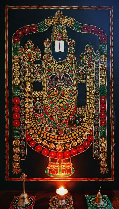 Tirupati Balaji, Hindu god made with dot painting. Golden, red, green and yellow dots on black Ganesha Mandala Dot Painting, Tirupati Balaji Mandala Art, Hindu God Mandala Art, Balaji Painting Canvas, Lord Balaji Painting, Tirupati Painting, Tirupati Balaji Drawing, Balaji Drawing, Kaavi Art